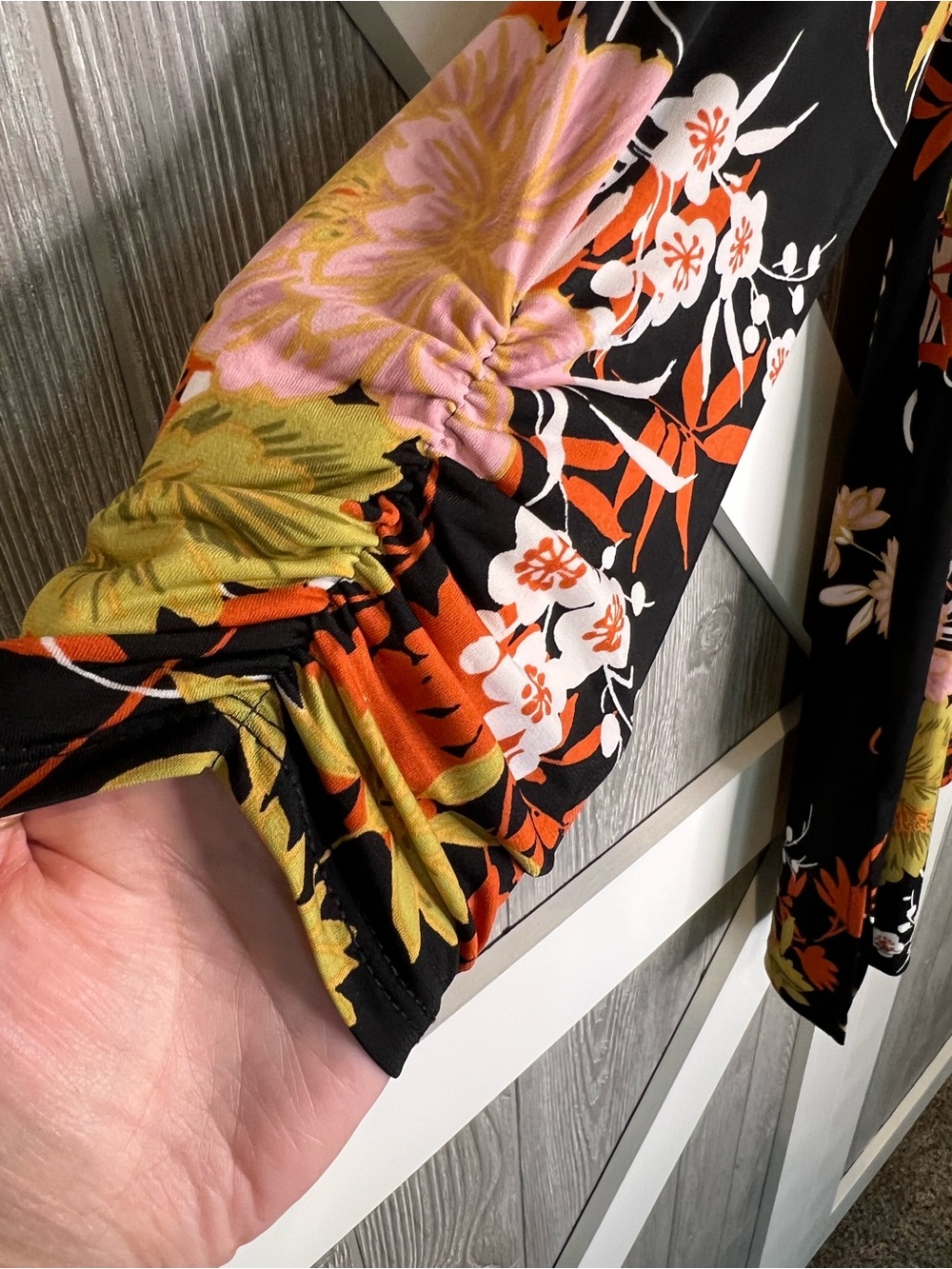 Floral Print Black Women's Blouse with Pink & Olive Flowers - Picture 3 of 8